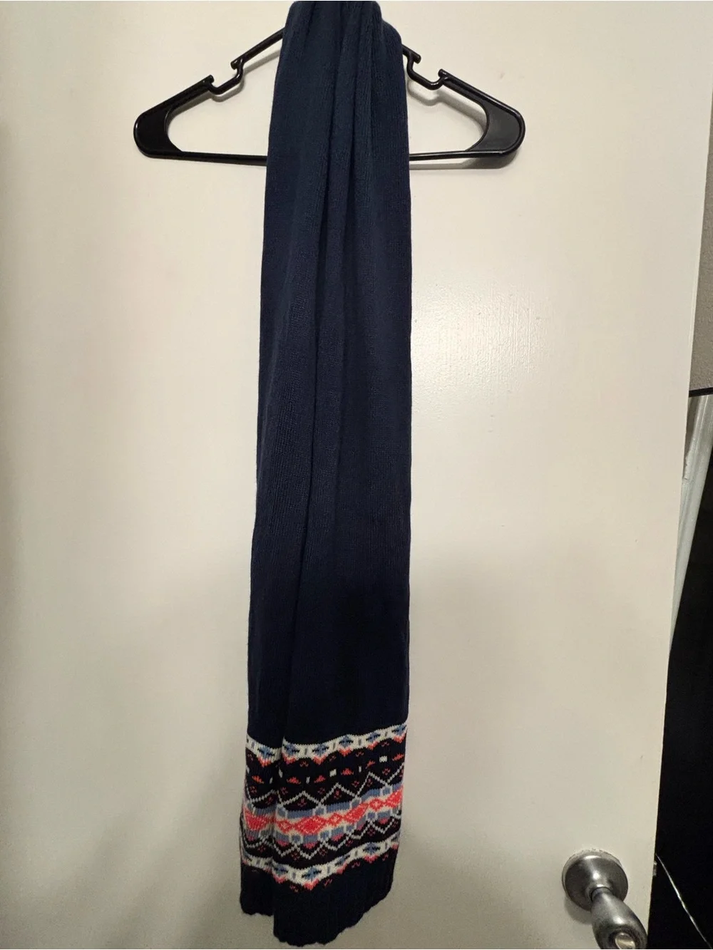 J.Crew Navy Knit Scarf with Multicolor Fair Isle Trim